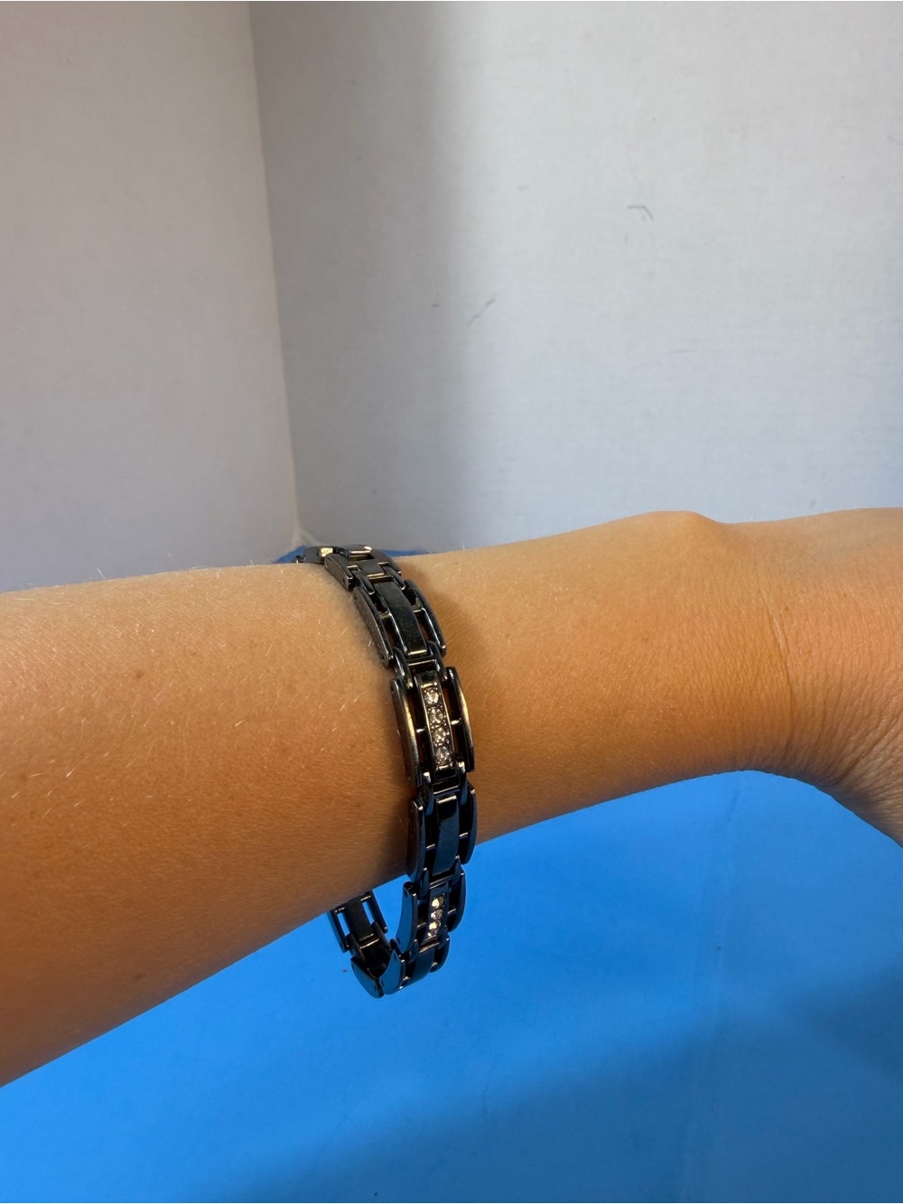 Black Ceramic Link Bracelet with Crystal Accents